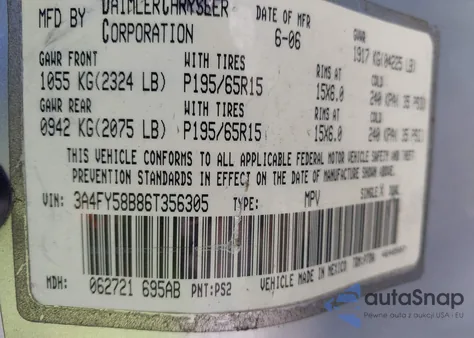 2006 Chrysler Pt Cruiser Touring z USA, uszkodzony, nr VIN 3A4FY58B86T356305